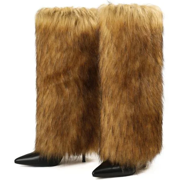Womens L Brown Fur Knee High Boots with Heel Wide Calf Tall Fold Over Party Boot - Picture 6 of 6